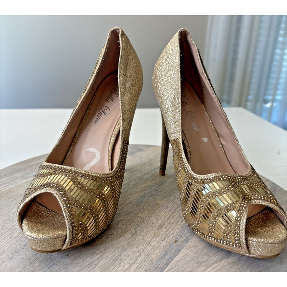 Bella Luna Women’s Size 8.5 Gold Glitter Sequin Platform Peep Toe High Heel Pump - Picture 1 of 11